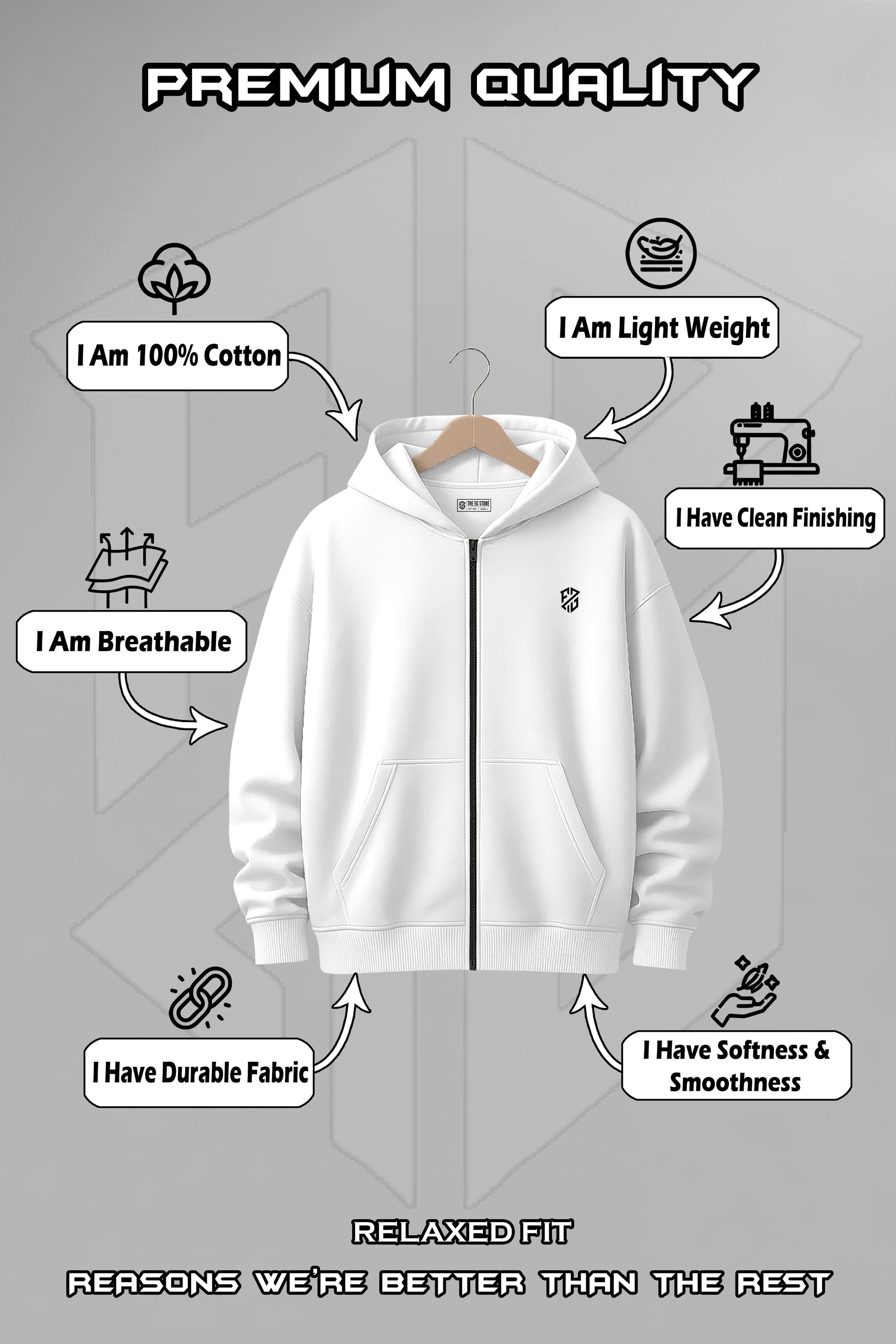 White zip-up hoodie on hanger, labeled premium quality, 100% cotton, lightweight, breathable, durable fabric, clean finishing, soft and smooth.