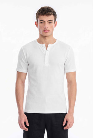 Men Solid Round Neck Button Placket Ribbed White Henley T-Shirt