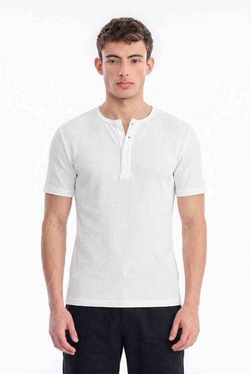 Men Solid Round Neck Button Placket Ribbed White Henley T-Shirt