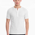 Men Solid Round Neck Button Placket Ribbed White Henley T-Shirt