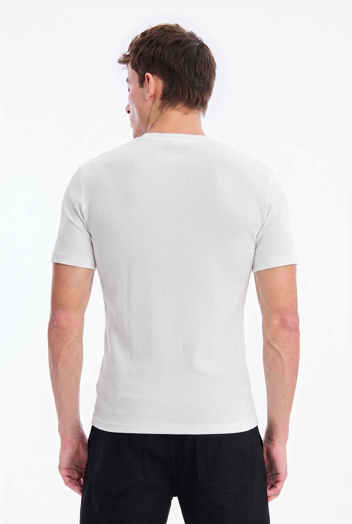 Men Solid Round Neck Button Placket Ribbed White Henley T-Shirt