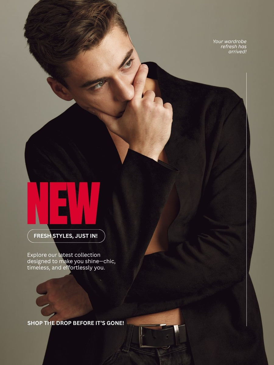 Stylish male model in black jacket and belt, promoting new chic fashion collection