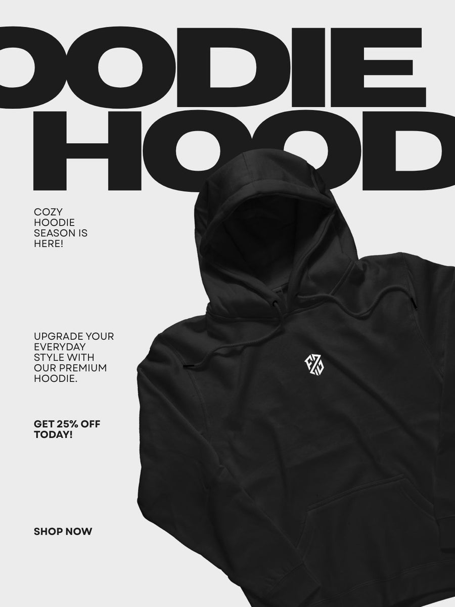 Black premium hoodie with white chest logo on a light background, cozy hoodie season promotion text